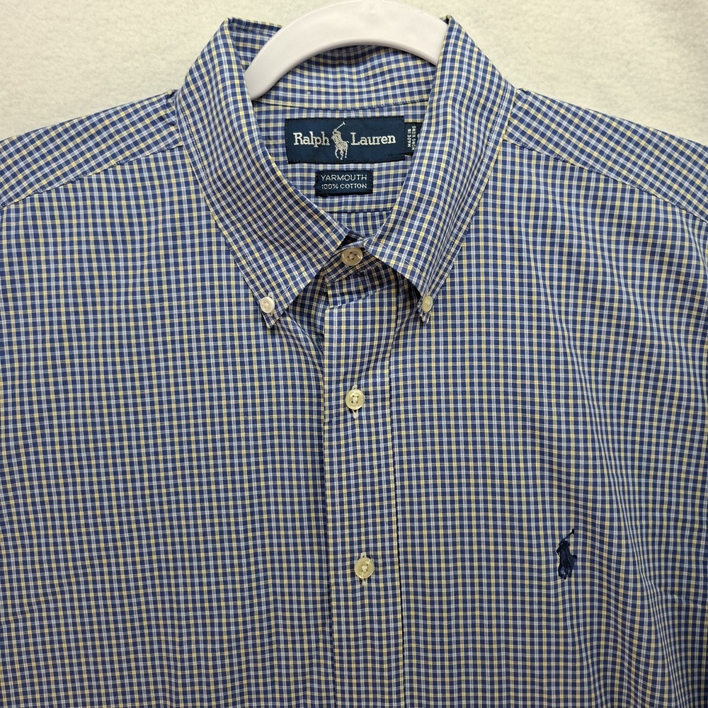 Ralph Lauren Yarmouth Shirt Men's 16 34/35 Blue Glen Plaid Polo Logo 100% Cotton